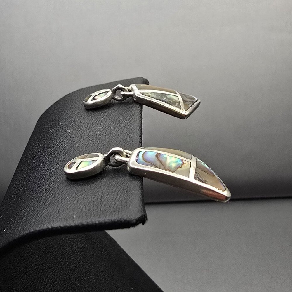 VTG Carol Felley Sterling Silver Abalone Mosaic Dangle Earrings 1" Signed CFJ - Picture 3 of 9